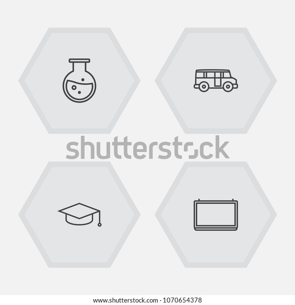 Set of 4\
studies icons line style set. Collection of flask, school autobus,\
academic hat and other\
elements.
