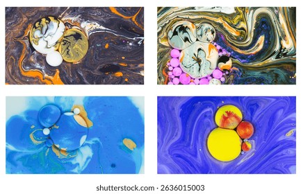 Set of 4 vibrant abstract macro images with colorful ink and paint patterns in water. Ideal for artistic, design, and creative backgrounds.