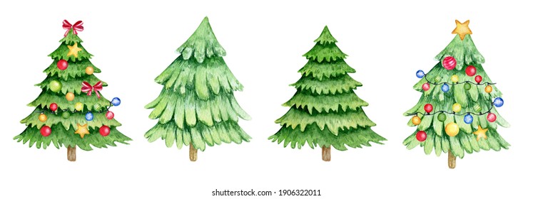 Set of 4 watercolor cartoon christmas trees with decorations. Hand drawn illustration isolated on white background