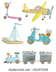 Set of 5 cute watercolor elements: scooter, plane, yacht, moped and train with pink flowers on white background