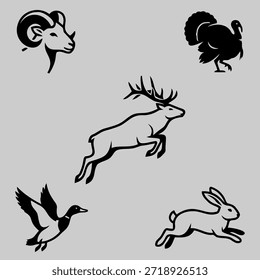 A set of 5 flat vector icons representing wildlife, game animals, and hunting-related concepts. Includes icons for wild animals, forest wildlife, hunting equipment, tracking, outdoor survival, nature exploration, and game animal symbols. Icons are designed in a clean, minimalist flat style and provided in editable EPS and high-resolution JPG formats, isolated on a white background. Ideal for outdoor apps, wildlife projects, hunting guides, nature websites, and educational materials.