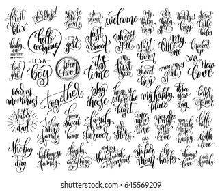set of 50 hand written lettering about family and baby born holidays to photography overlay, party banner, greeting card and printable wall art, calligraphy raster version illustration collection