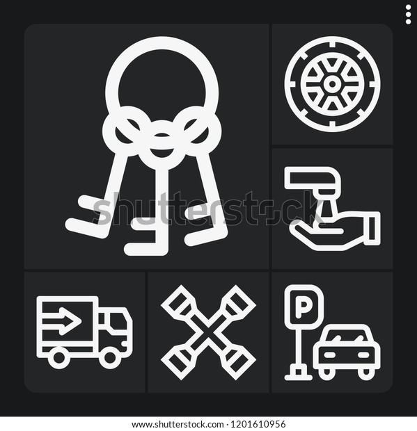 Set of 6 car outline icons such as keys, tire,\
cross wrench, wash,\
parking