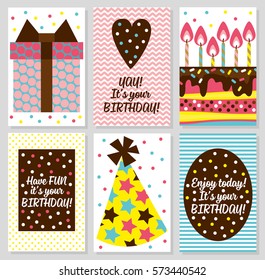 Set of 6 cute creative cards templates with Happy birthday theme design. Hand Drawn card for birthday, anniversary, party invitations, scrapbooking. - Powered by Shutterstock