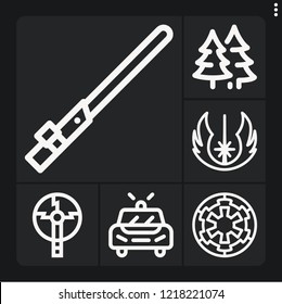 Set Of 6 Dark Outline Icons Such As Forest, Police Car, Jedi, Galactic Empire, Light Saber