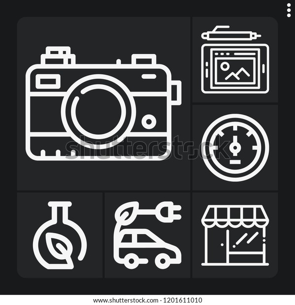 Set of 6 technology\
outline icons such as store, electric car, chemistry, graphic\
tablet, camera