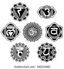 Set of 7 black and white chakras designed for coloring book.