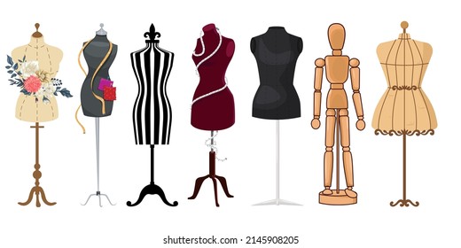 Set of 7 different types of Mannequins or dummies for designers and tailors dress design, textiles, pattern and draping