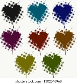 Set Of 8 Different Colored Splattered Spraypaint Dripping Hearts On Halftone Circles