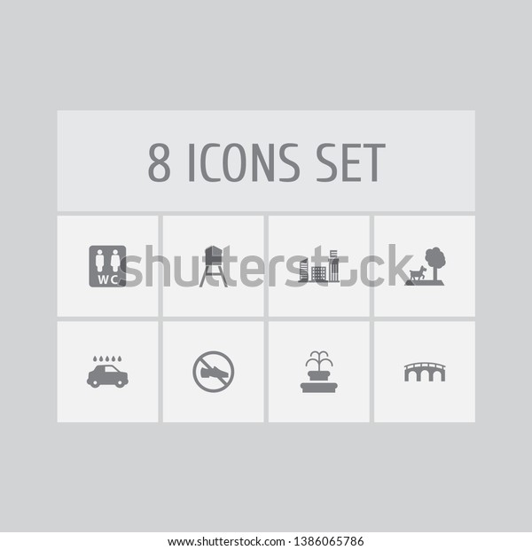 Set of 8 infrastructure\
icons set. Collection of city, puppy, public restroom and other\
elements.