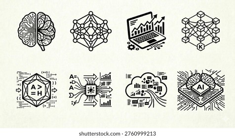 Set of 8 premium artificial intelligence and machine learning line icons. Featuring human brain-digital neural network fusion, deep learning architecture, cloud computing analytics, and AI chip processor on motherboard. Perfect for data science, robotics, future technology, and cybersecurity vector design.