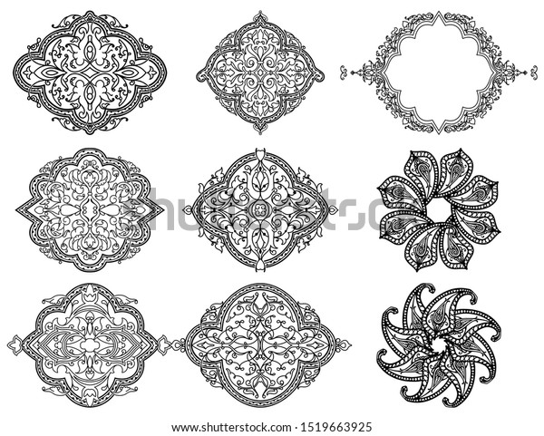 Set of 9 Arabian\
antique calligraphic style ornaments. Line borders, frames,\
dividers, vignettes, motifs. Isolated vintage decor elements of\
ornaments for custom\
design