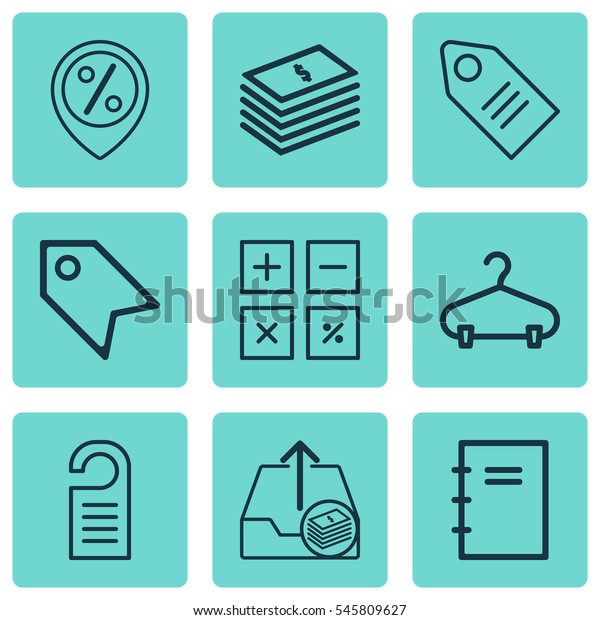 Set Of 9 Commerce Icons. Includes Price Stamp,\
Dollar Banknote, Calculation Tool And Other Symbols. Beautiful\
Design Elements.