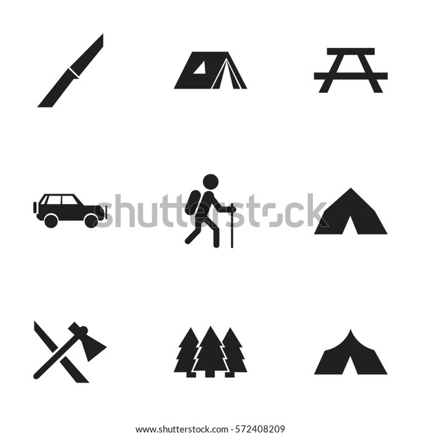 Set Of 9 Editable Camping Icons. Includes Symbols\
Such As Pine, Desk, Tomahawk And More. Can Be Used For Web, Mobile,\
UI And Infographic\
Design.