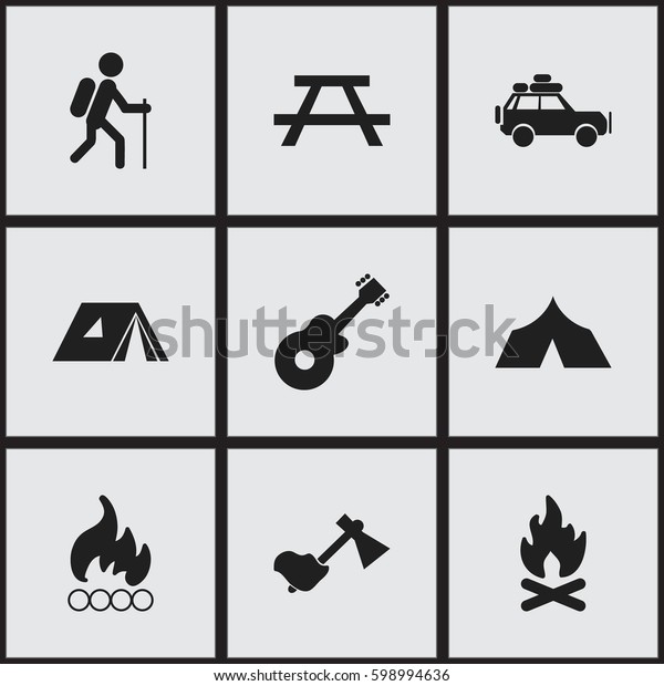 Set Of 9 Editable Camping Icons. Includes Symbols\
Such As Voyage Car, Ax, Blaze And More. Can Be Used For Web,\
Mobile, UI And Infographic\
Design.