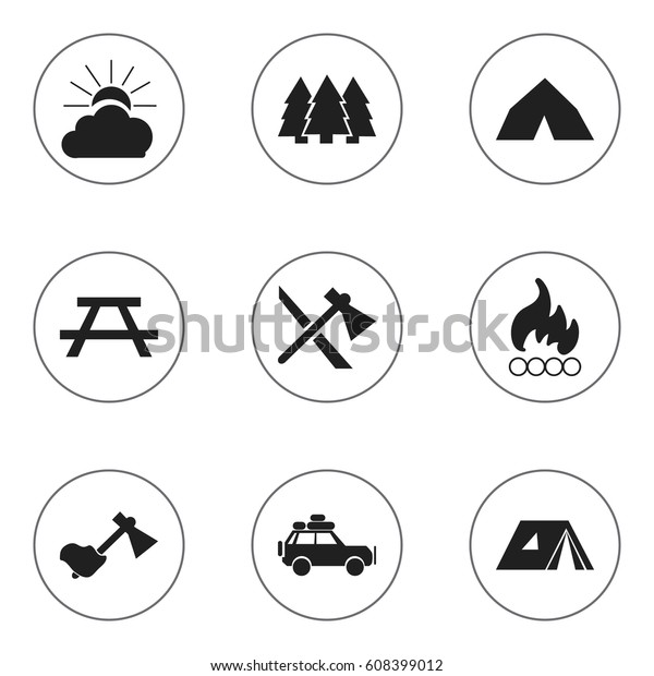 Set Of 9 Editable Camping Icons.\
Includes Symbols Such As Pine, Sunrise, Voyage Car And More. Can Be\
Used For Web, Mobile, UI And Infographic\
Design.