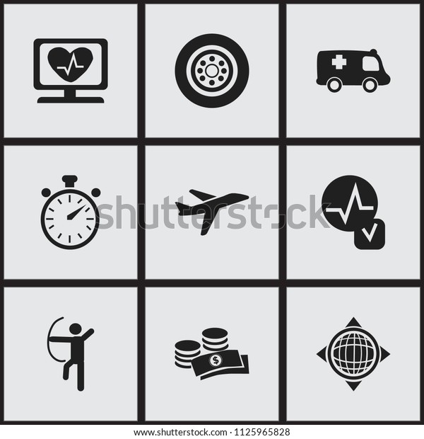 Set of 9 editable complicated icons.\
Includes symbols such as cardiac, currency, globe and more. Can be\
used for web, mobile, UI and infographic\
design.