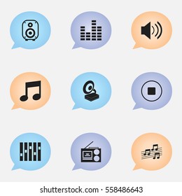 Set Of 9 Editable Media Icons. Includes Symbols Such As Bar Wave, Break Music, Equalizer And More. Can Be Used For Web, Mobile, UI And Infographic Design.