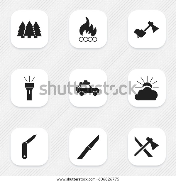 Set Of 9 Editable Trip Icons.\
Includes Symbols Such As Clasp-Knife, Tomahawk, Sunrise And More.\
Can Be Used For Web, Mobile, UI And Infographic\
Design.