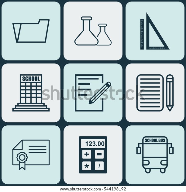 Set Of 9\
School Icons. Includes Measurement, Chemical, Electronic Tool And\
Other Symbols. Beautiful Design\
Elements.