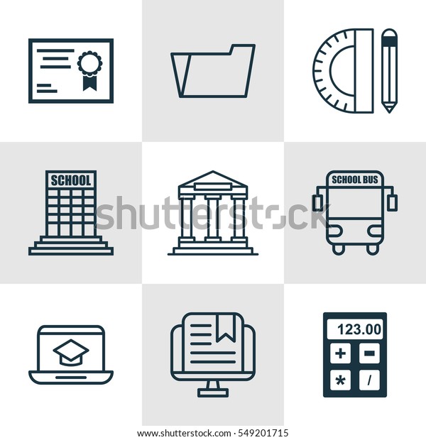 Set Of 9 School Icons. Includes Transport\
Vehicle, Electronic Tool, Document Case And Other Symbols.\
Beautiful Design\
Elements.