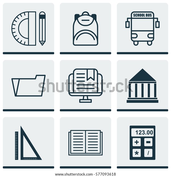Set\
Of 9 School Icons. Includes Education Tools, Electronic Tool,\
E-Study And Other Symbols. Beautiful Design\
Elements.