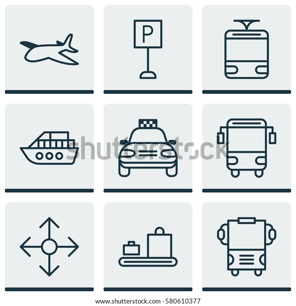 Set Of 9\
Shipping Icons. Includes Road Pointer, Car Vehicle, Boat And Other\
Symbols. Beautiful Design\
Elements.