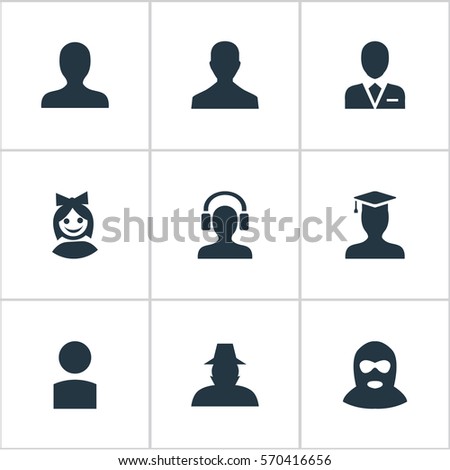 Set Of 9 Simple Avatar Icons. Can Be Found Such Elements As Felon, Girl Face, Male With Headphone And Other.