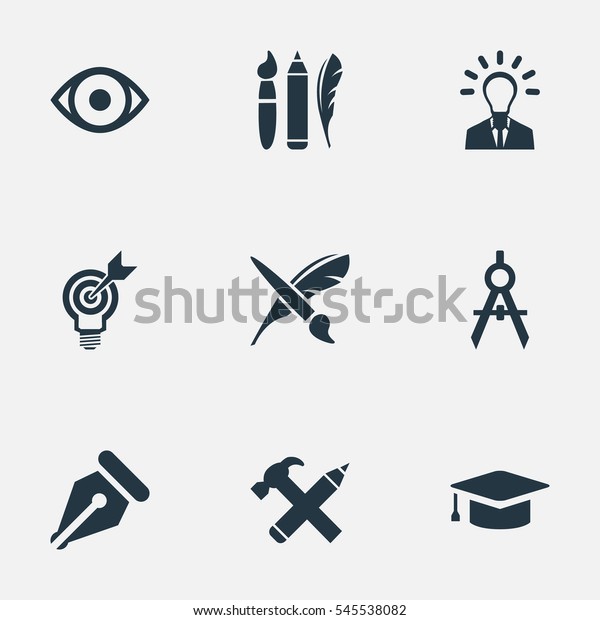 Set\
Of 9 Simple Creative Thinking Icons. Can Be Found Such Elements As\
Academic Cap, Design Instruments, Dividers And\
Other.