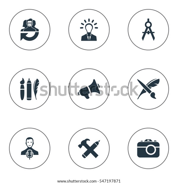 Set Of 9 Simple\
Creative Thinking Icons. Can Be Found Such Elements As Leadership,\
Bullhorn, Dividers And\
Other.