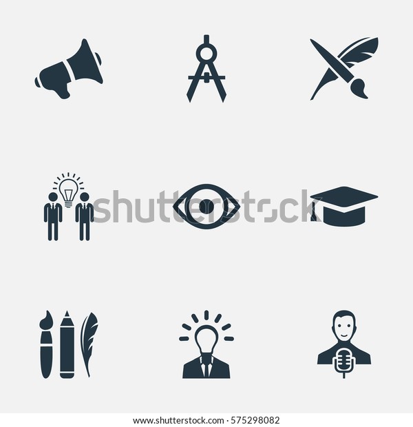 Set Of 9 Simple Creative Thinking Icons. Can Be\
Found Such Elements As Business Discussion, Performance, Academic\
Cap And Other.