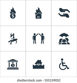 Set Of 9 Simple Guarantee Icons. Can Be Found Such Elements As Heat, Electric Shock  Jeopardy, Protect From Torrent And Other.