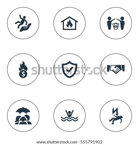 Set Of 9 Simple Guarantee Icons. Can Be Found Such Elements As Electric Shock  Jeopardy, Reliability, Smothered Male And Other.