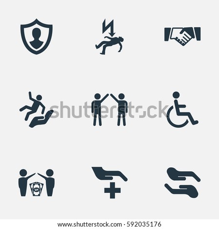 Set Of 9 Simple Guarantee Icons. Can Be Found Such Elements As Protect Yourself, Contract, Electric Shock  Jeopardy And Other.