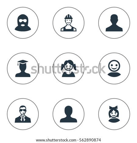 Set Of 9 Simple Human Icons. Can Be Found Such Elements As Bodyguard, Felon, Male User And Other.