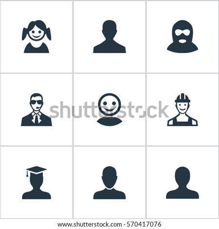 Set Of 9 Simple Human Icons. Can Be Found Such Elements As Male User, Job Man, Felon And Other.