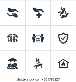 Set Of 9 Simple Insurance Icons. Can Be Found Such Elements As Electric Shock  Jeopardy, Slide Down, Family Fuse And Other.