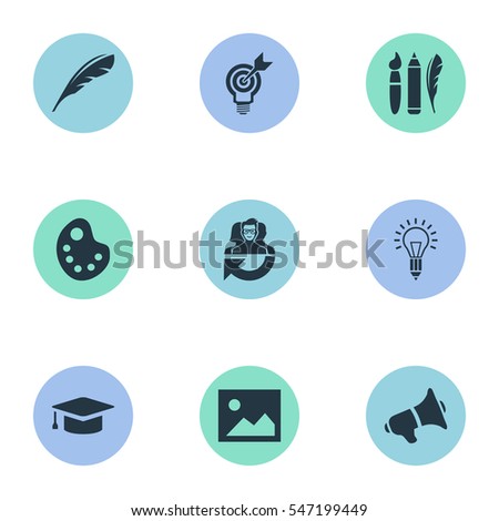 Set Of 9 Simple Visual Art Icons. Can Be Found Such Elements As Project Aim, Design Instruments, Plume And Other.