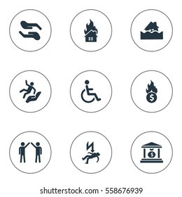 Set Of 9 Simple Warrant Icons. Can Be Found Such Elements As Handicapped, Electric Shock  Jeopardy, Banking House.