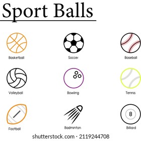 set of 9 sport balls colored icons such as basketball, soccer, baseball, volleyball, bowling, tennis, football, badminton, and billiard.