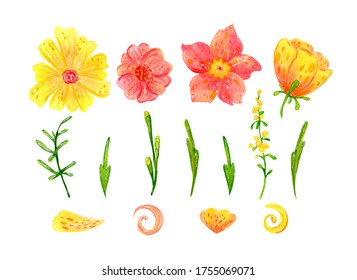 
Set Of Abstract Spring Flowers And Leaves For Festive Decoration And Design. Bright Children's Illustration, Clipart On A White Background. Pink, Yellow, Green Plants.