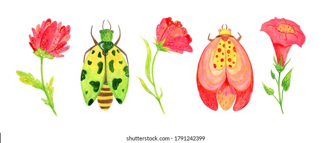 Set Of Abstract Spring Flowers Of Leaves And Beetles For Festive Decoration And Design. Bright Children's Illustration, Clipart On A White Background. Pink, Yellow, Green Plants And Insects.