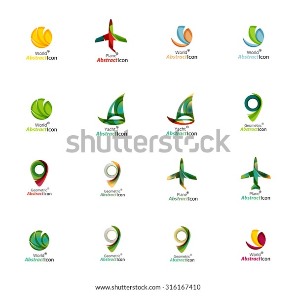 Set of abstract
travel logo icons. Business, app or internet web symbols. Thin
lines and colors with
white