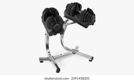 A set of adjustable dumbbells displayed on a robust stand for convenient home gym setup.