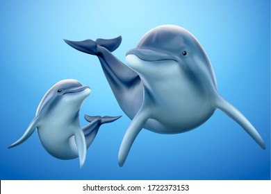 Set Of Adorable Dolphin Family Isolated On Ocean Blue Background, 3d Illustration