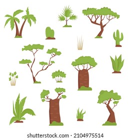 Set of African trees, herbs, leaves. Flat style. Palm tree, baobab, cacti, tropical leaves and plants