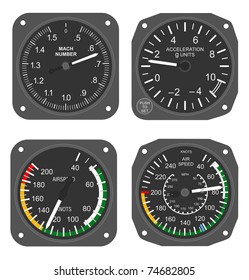 Set Of Aircraft Instruments - Airspeed Indicators, Mach Number Indicator And Accelerometer.