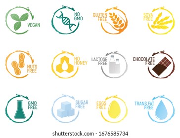 Set of allergen food, GMO free products icon and logo. Intolerance and allergy food. Concept cartoon illustration and isolated art.