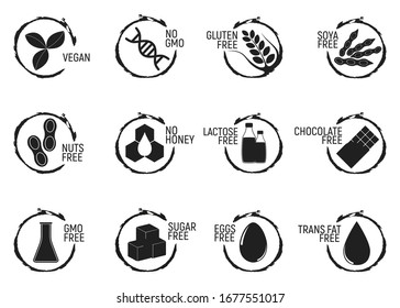 Set Of Allergen Food, GMO Free Products Icon And Logo. Intolerance And Allergy Food. Concept Black And Simple Illustration And Isolated Art.