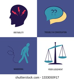 Set Of Alzheimer Disease Symptoms Icons Isolated. Seniors Health Concept Symbols In Flat Style. Irritability, Trouble In Conversation, Poor Judgement And Wandering Signs.